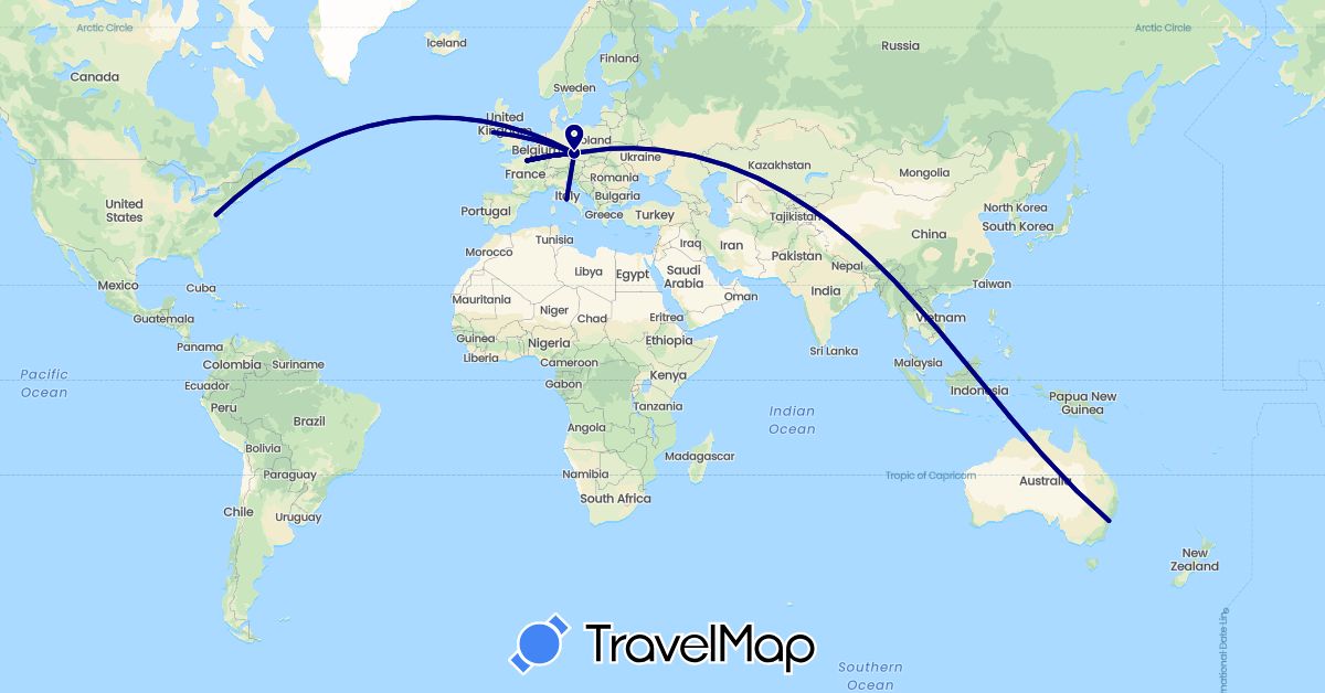 TravelMap itinerary: driving in Australia, Czech Republic, Germany, France, Ireland, Italy, United States (Europe, North America, Oceania)